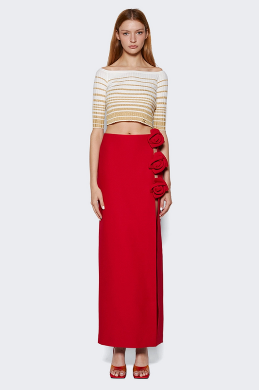 Long Rose Skirt with Side Slit and Rosette Detail