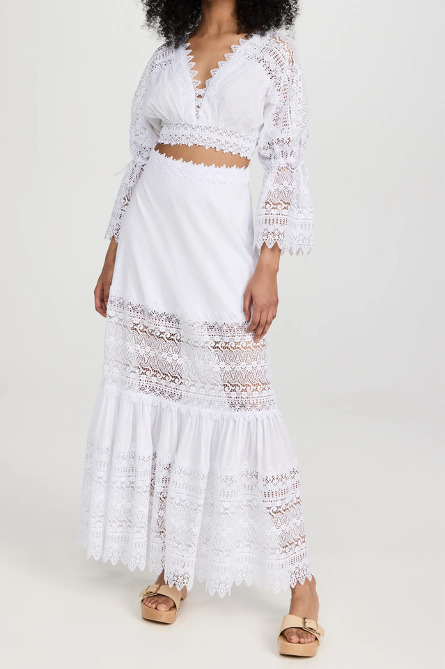 Aileen Skirt Set with Lace Top and High Waist Midi Skirt