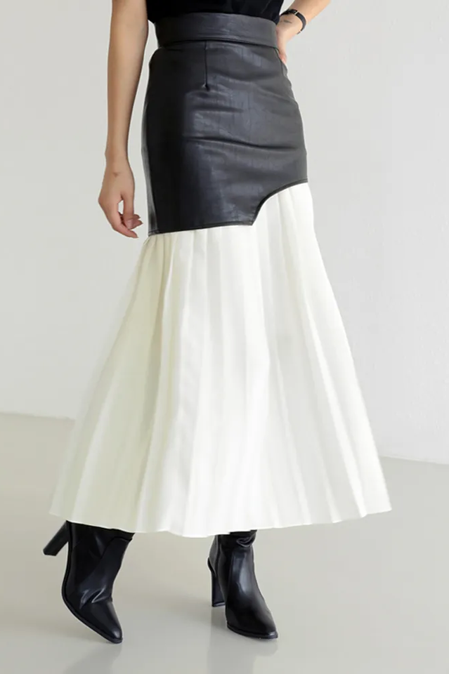 High Waist Patchwork Folds Pleated Midi Skirt