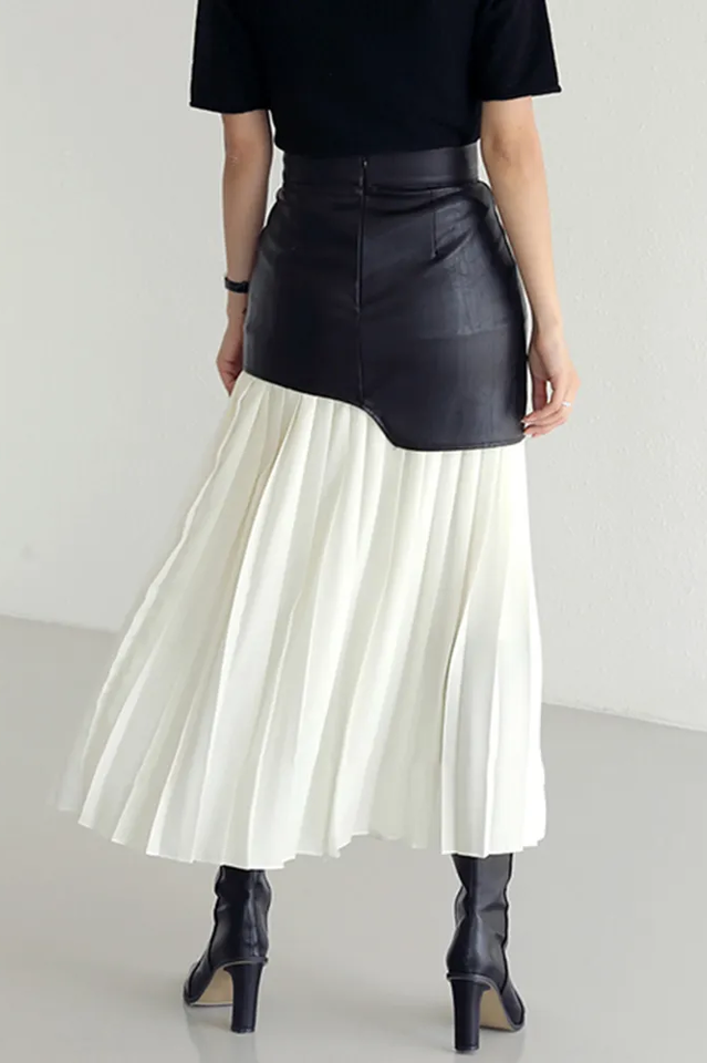 High Waist Patchwork Folds Pleated Midi Skirt