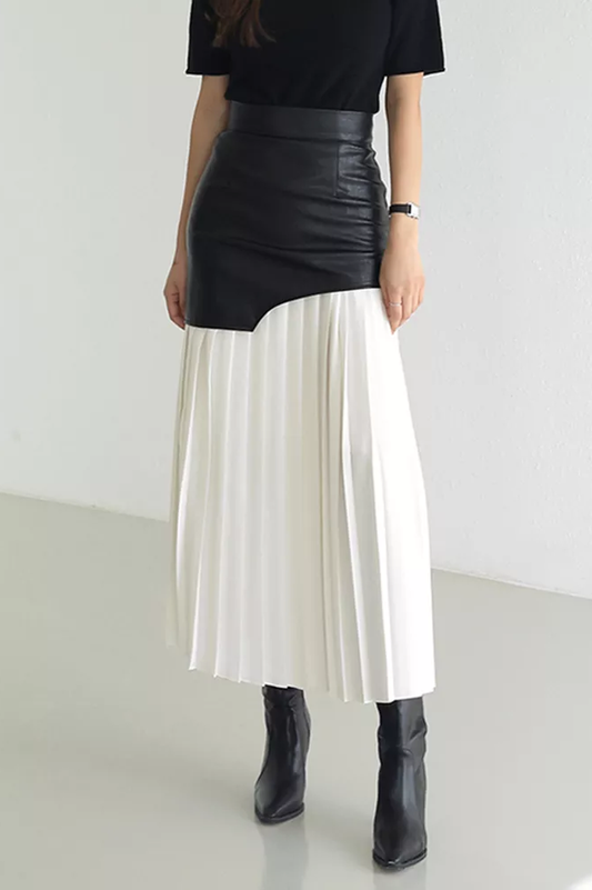 High Waist Patchwork Folds Pleated Midi Skirt