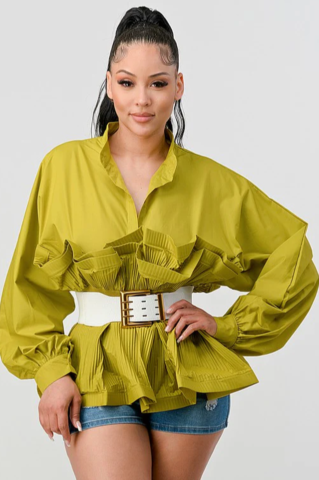 Lime Green Pleated Ruffle Waist Blouse