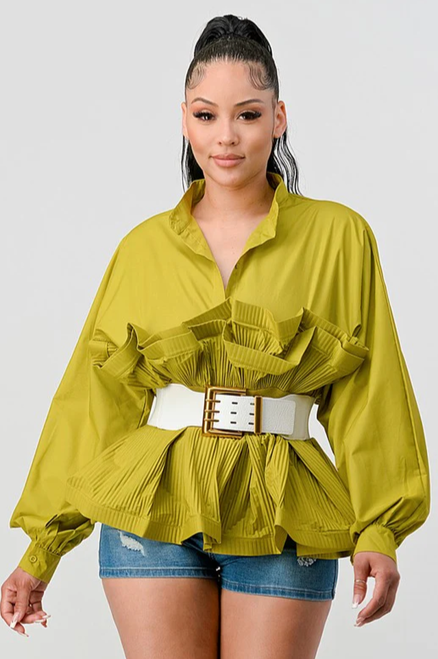 Lime Green Pleated Ruffle Waist Blouse