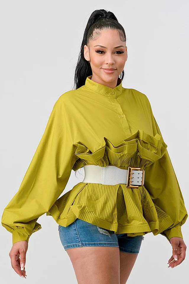 Lime Green Pleated Ruffle Waist Blouse