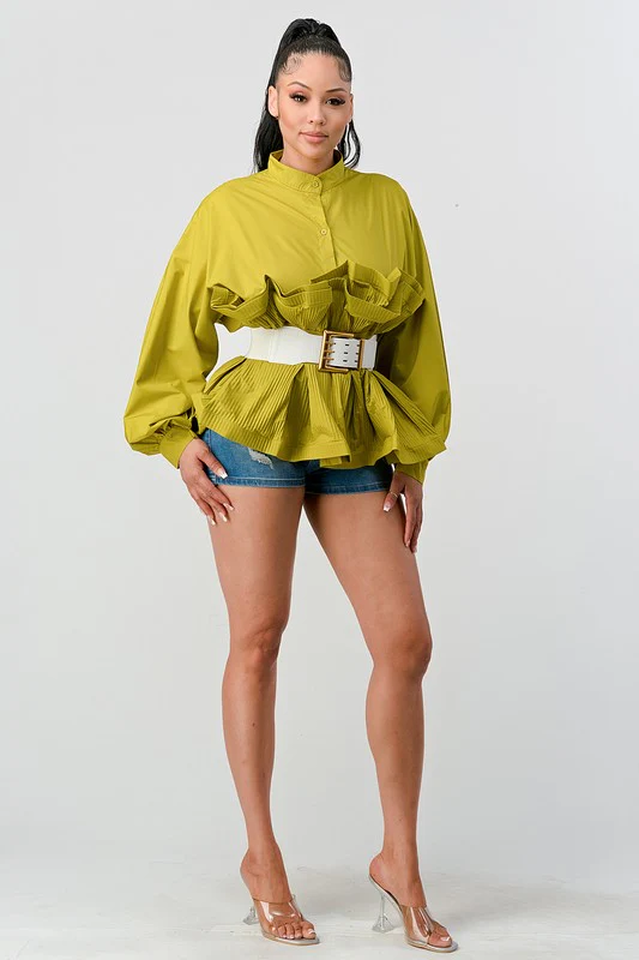 Lime Green Pleated Ruffle Waist Blouse