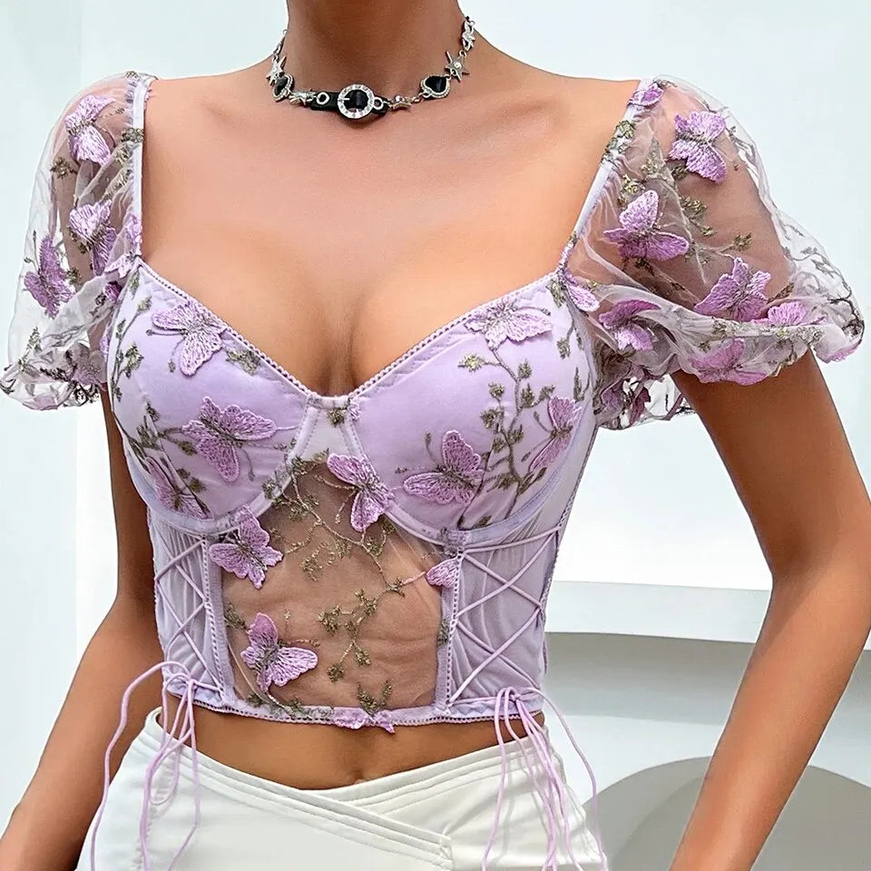 Sexy Mesh See-Through Crop Top with Butterfly Embroidery