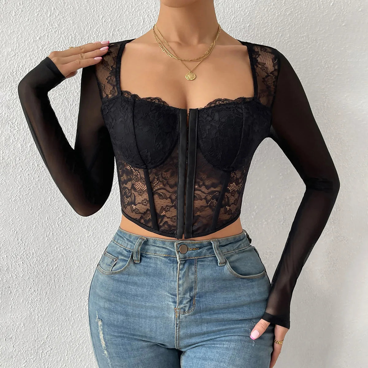 Backless Lace Long Sleeve Floral Crop Top