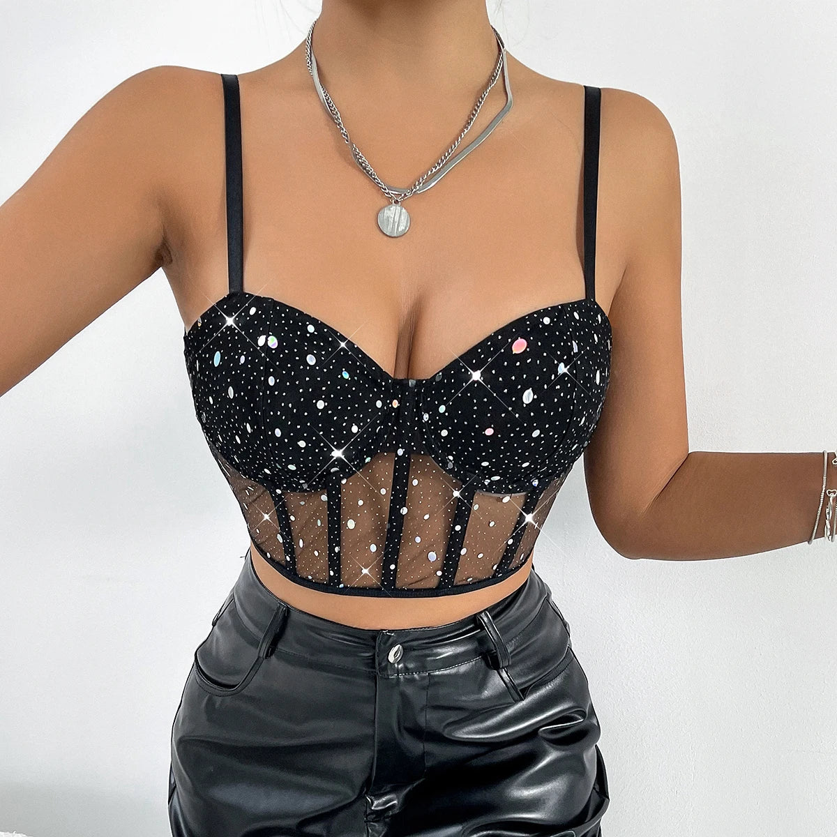 Hollowing Mesh Backless Sling Crop Top with Sequin Detail