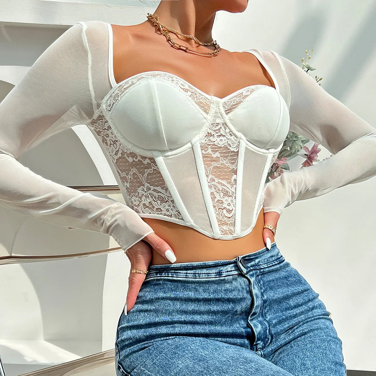 Autumn Chic Sexy V Neck Long Sleeve Mesh Crop Top