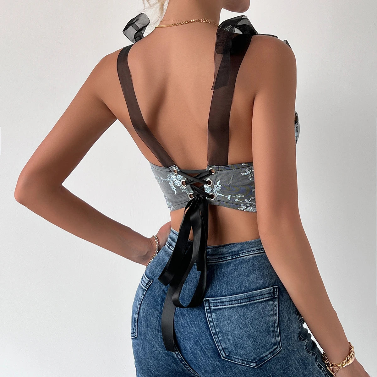 Floral Embroidery Backless Halter Crop Top