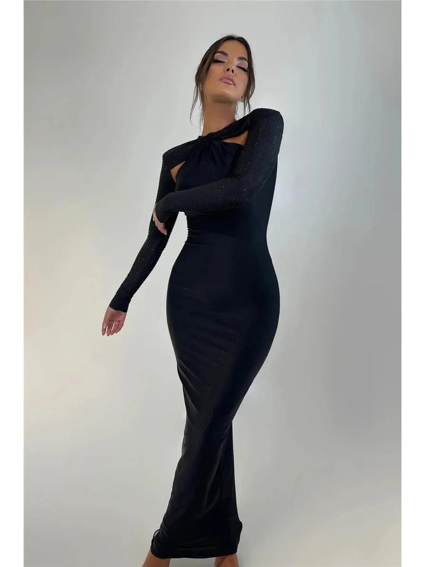 Hollow Out Sparkle Long Sleeve Maxi Dress for Women