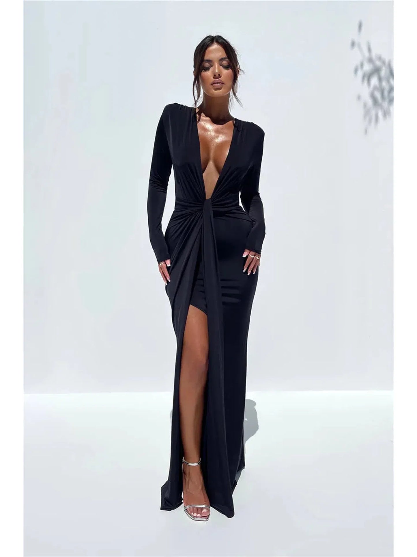 Deep V Neck Long Sleeve Maxi Dress Women Elegant Clubwear