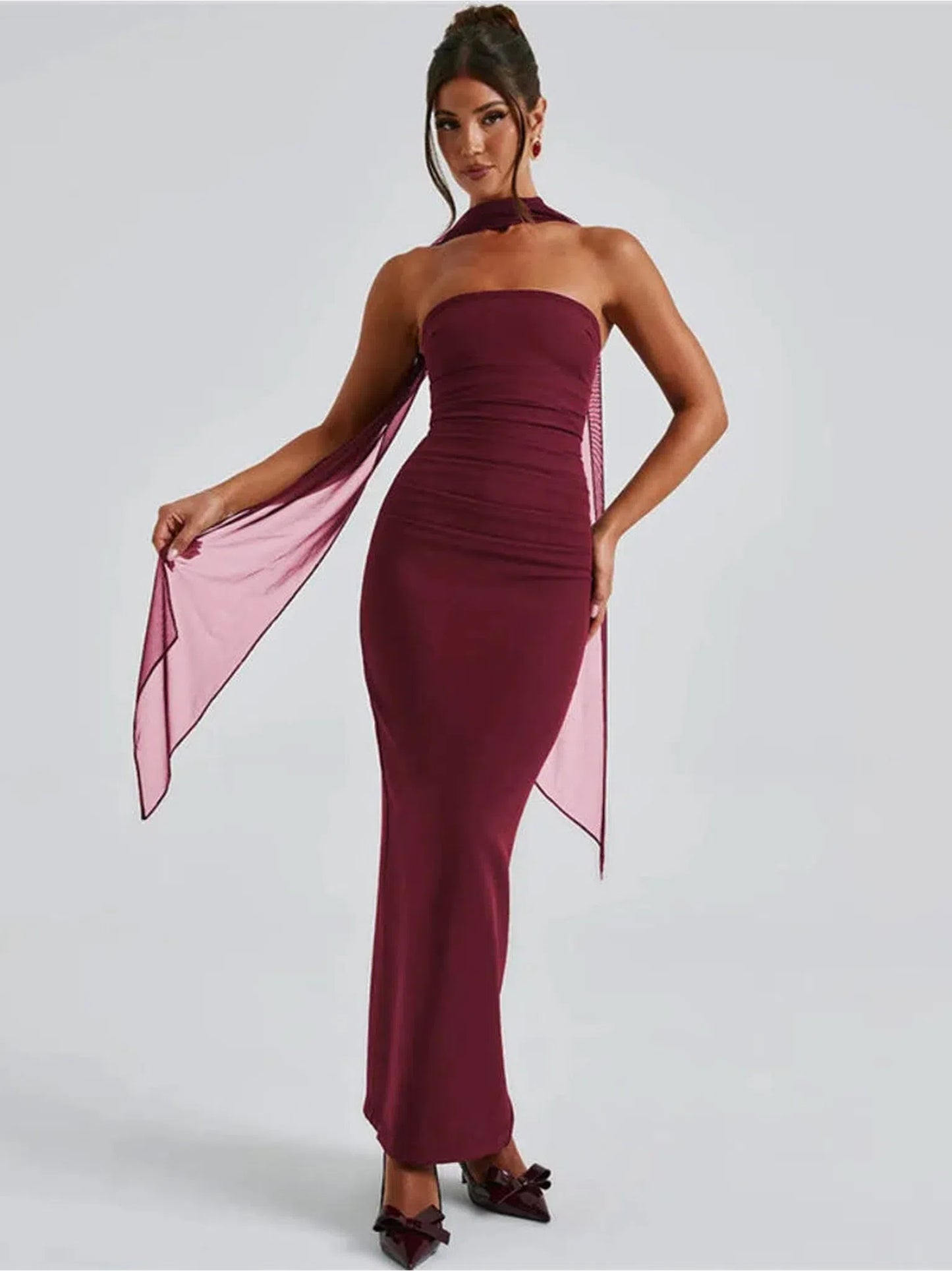 Burgundy Strapless Backless Maxi Dress For Women