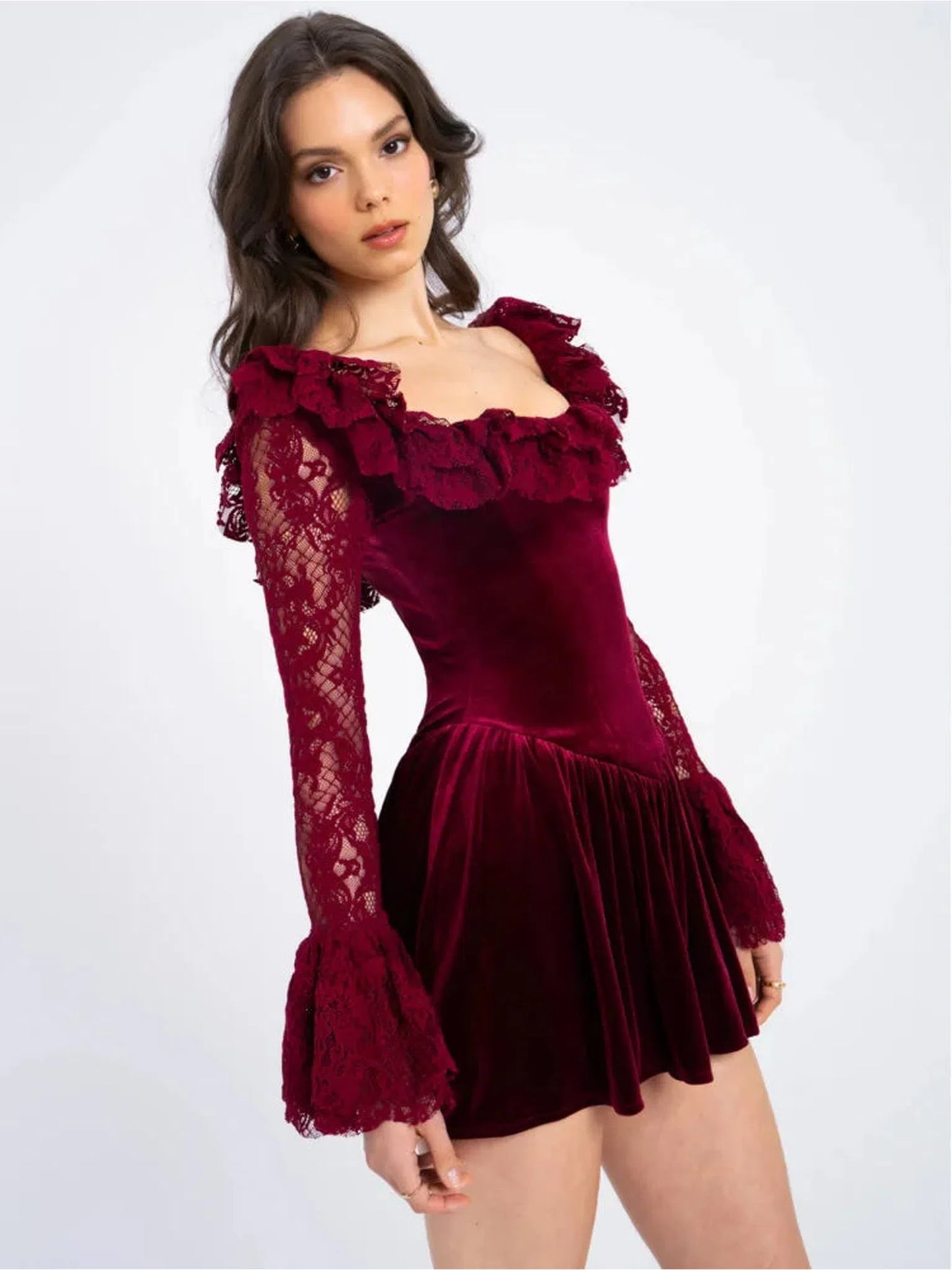 Elegant Burgundy Lace Flare Mini Dress For Women