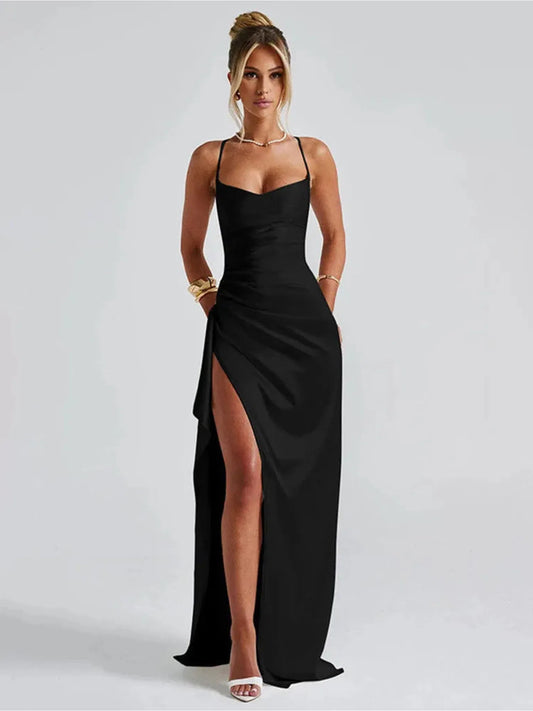 Elegant Satin Thigh High Split Maxi Dress