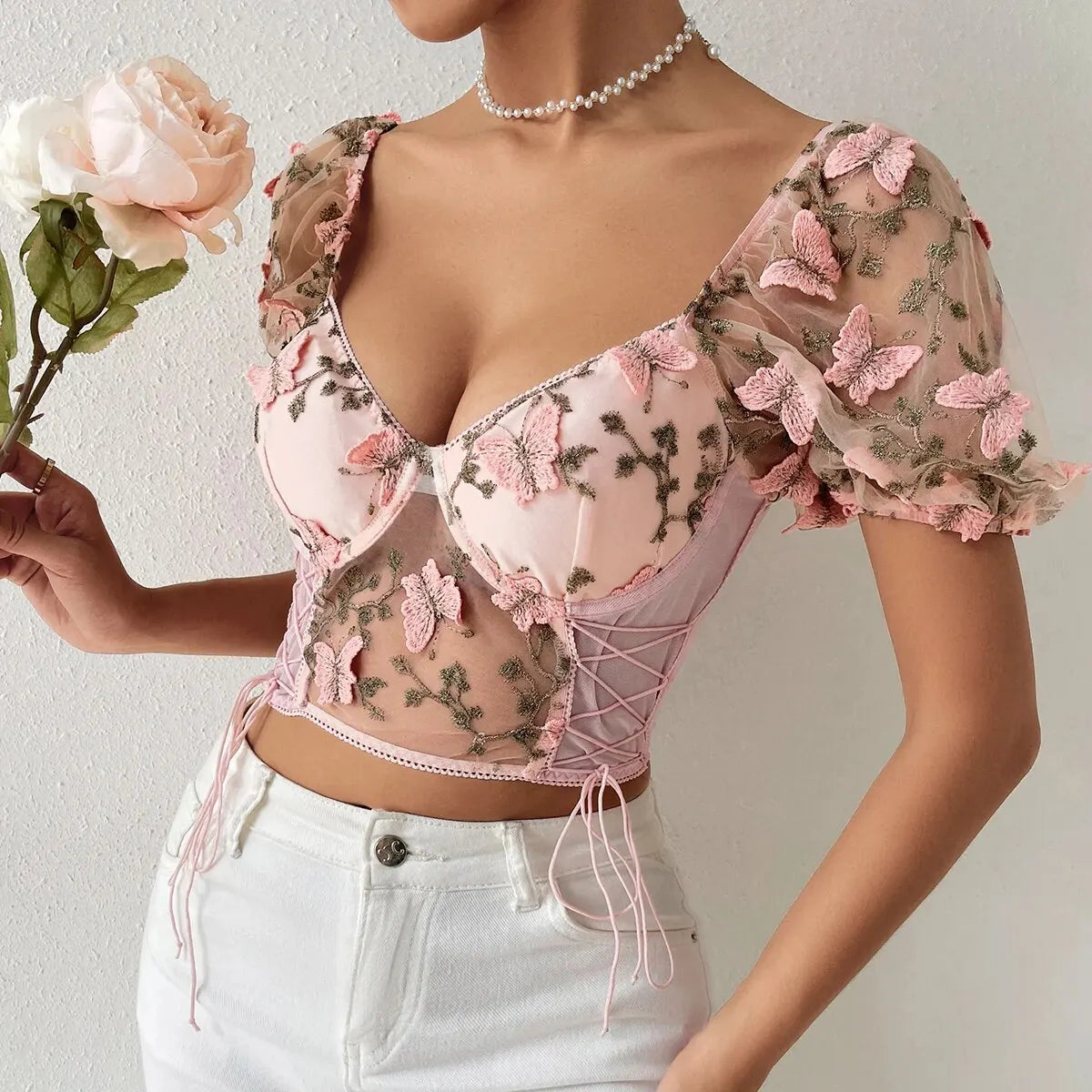 Sexy Mesh See-Through Crop Top with Butterfly Embroidery