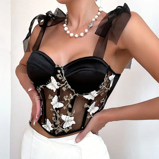 Sexy Strappy Mesh Butterfly Embroidery Corset Top