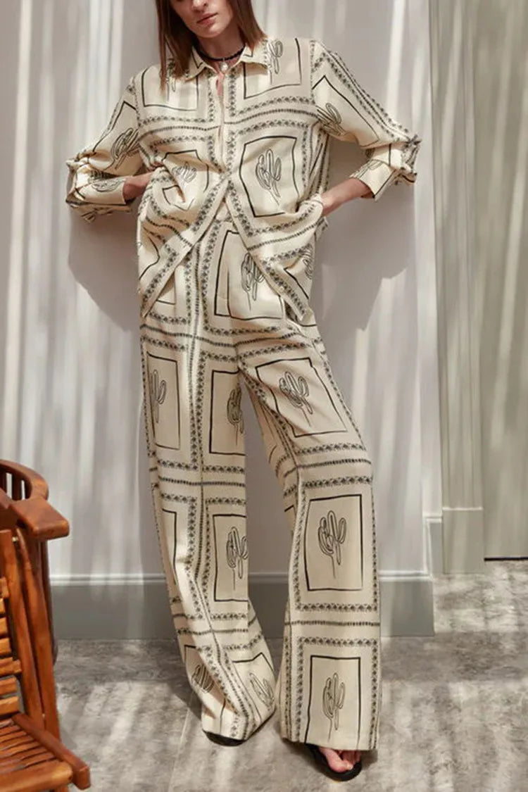 Stylish Printed Shirt and Wide Leg Pants Set