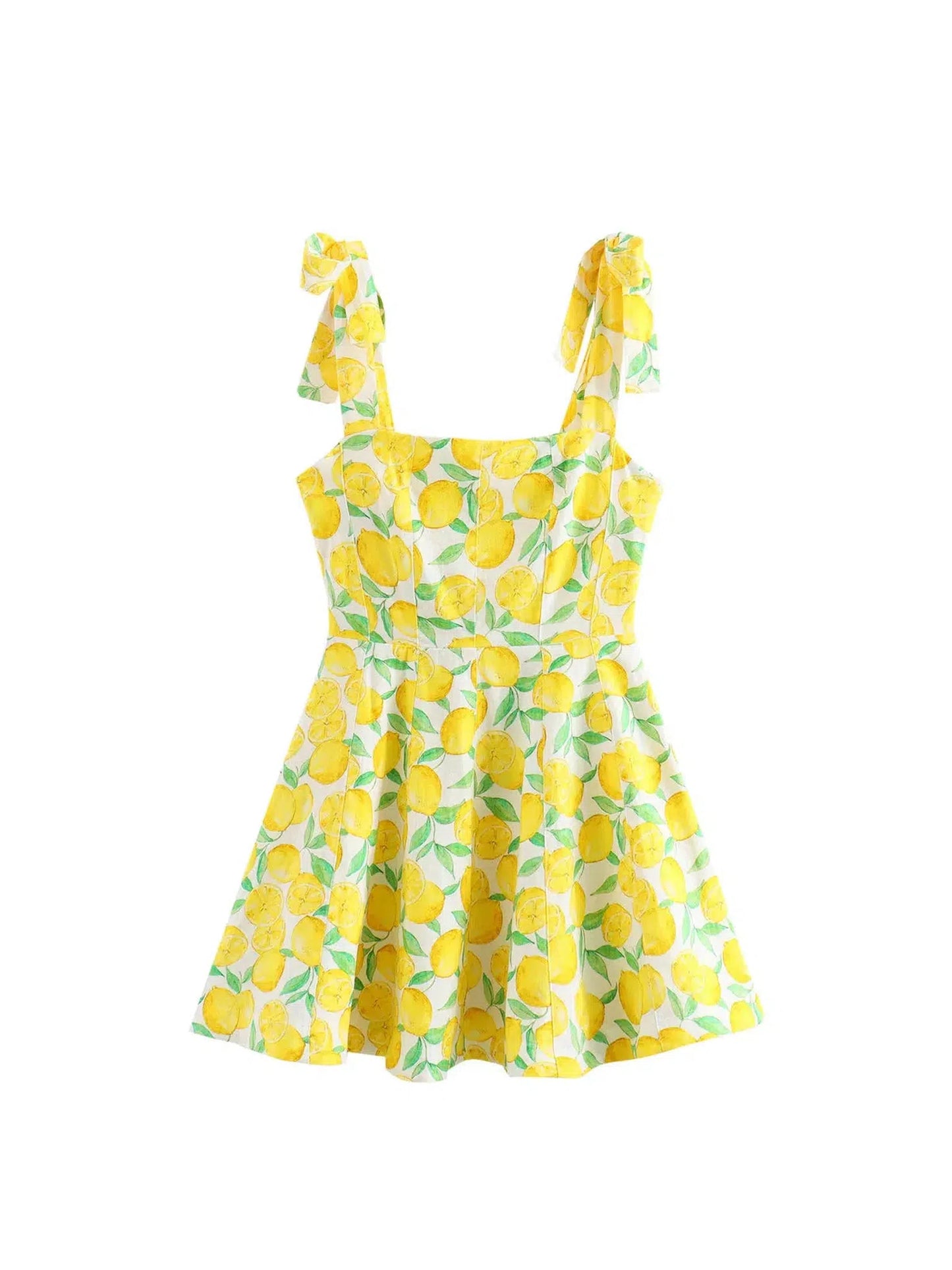 Fruit Print Yellow Pink Mini Dress with Bow Detail