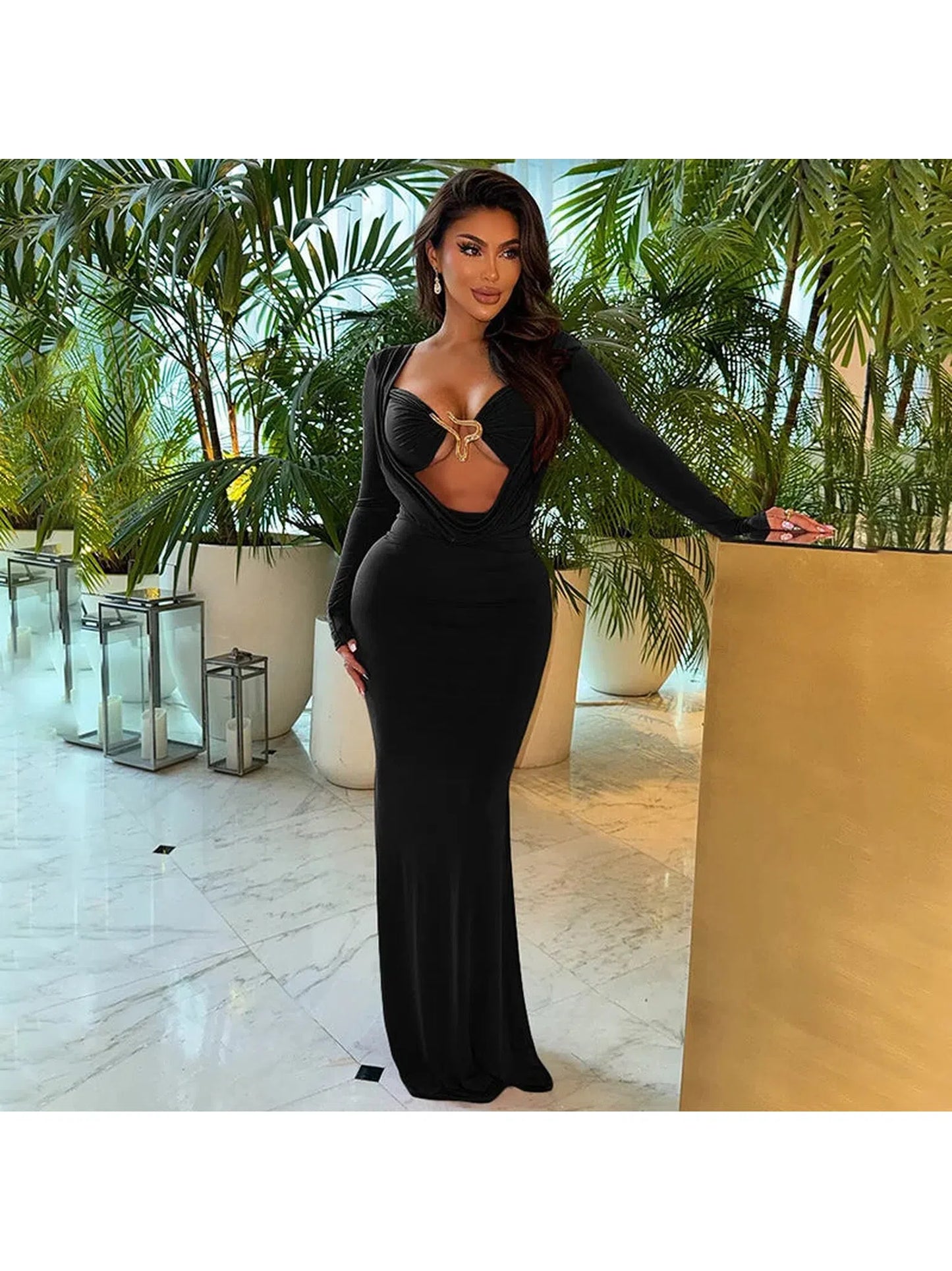 Solid Sexy Hollow Out Bodycon Maxi Dress for Women