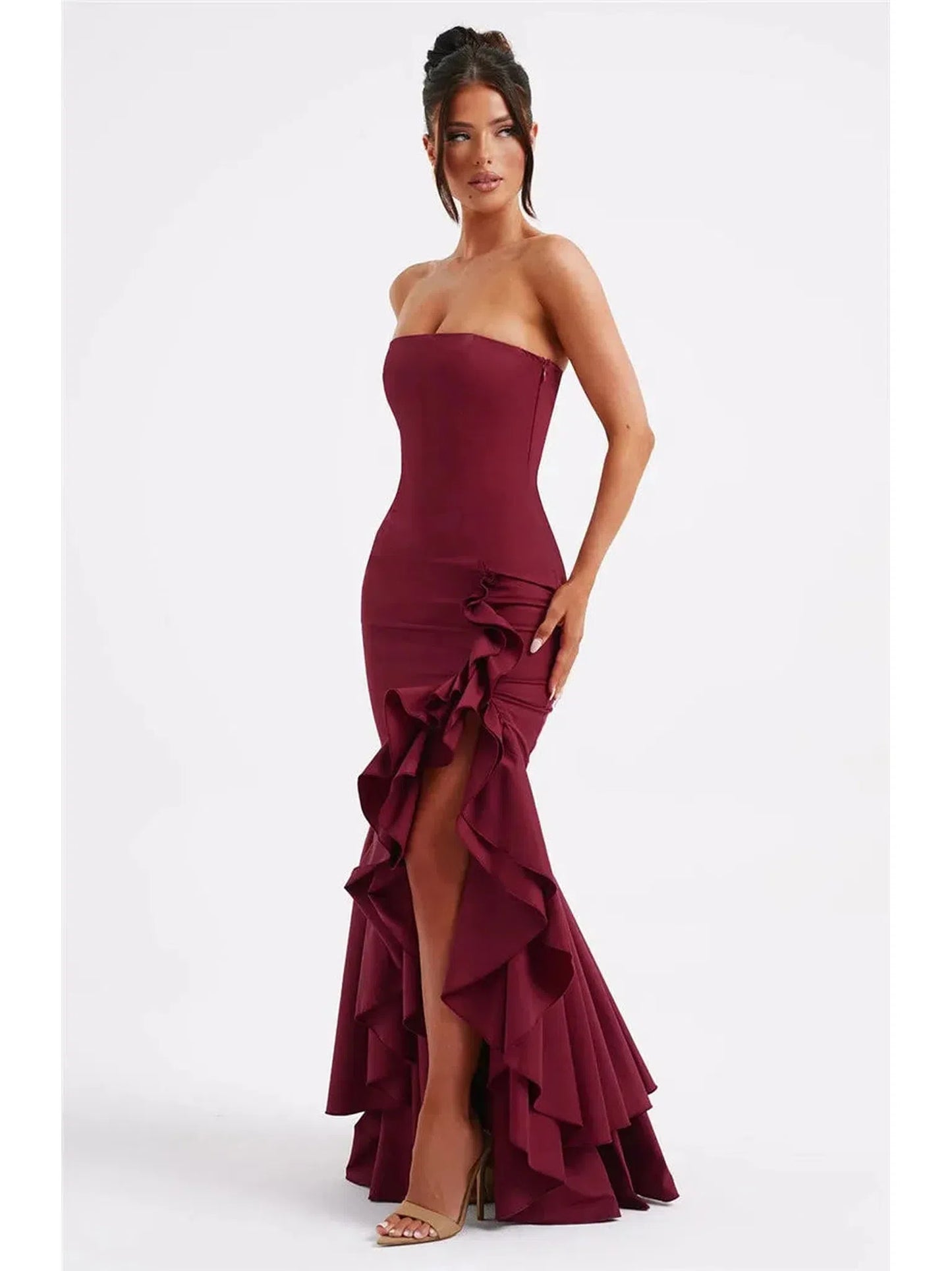 Strapless High Split Ruffle Long Dress for Women