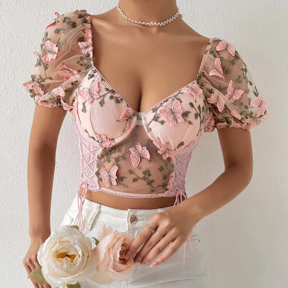 Sexy Mesh See-Through Crop Top with Butterfly Embroidery