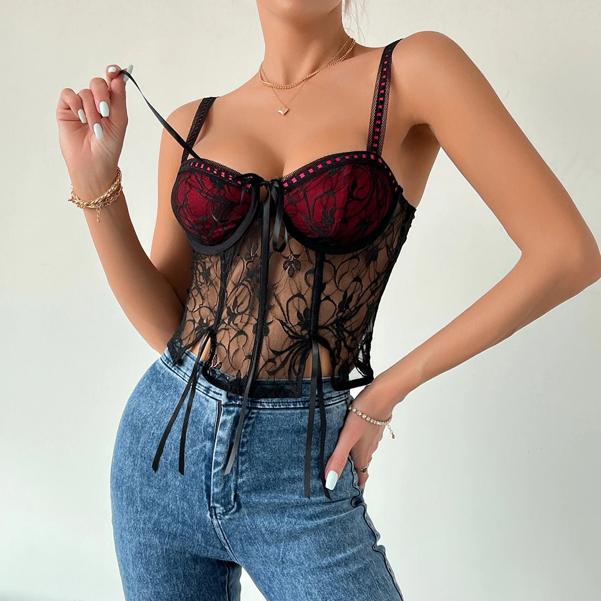 Backless Mesh See-Through Crop Top with Lace Embroidery