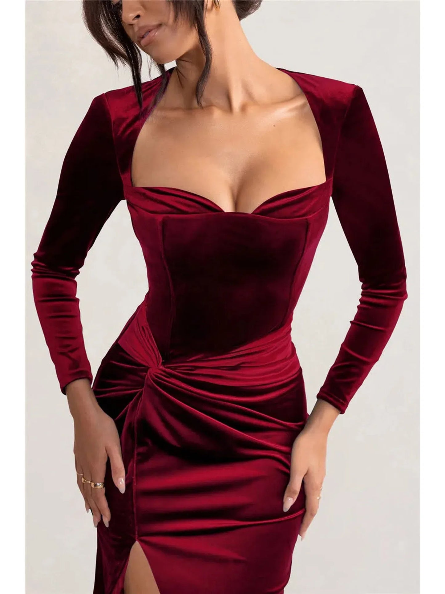 Square Collar Long Sleeve Velvet Maxi Dress