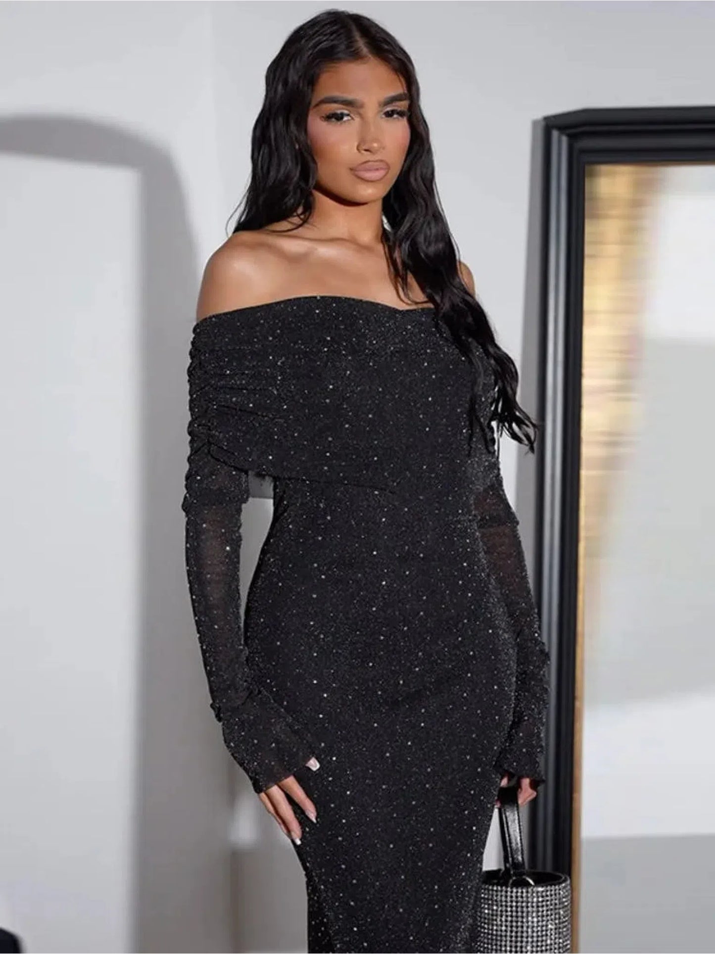 Glitter Off-Shoulder Black Maxi Dress for Women