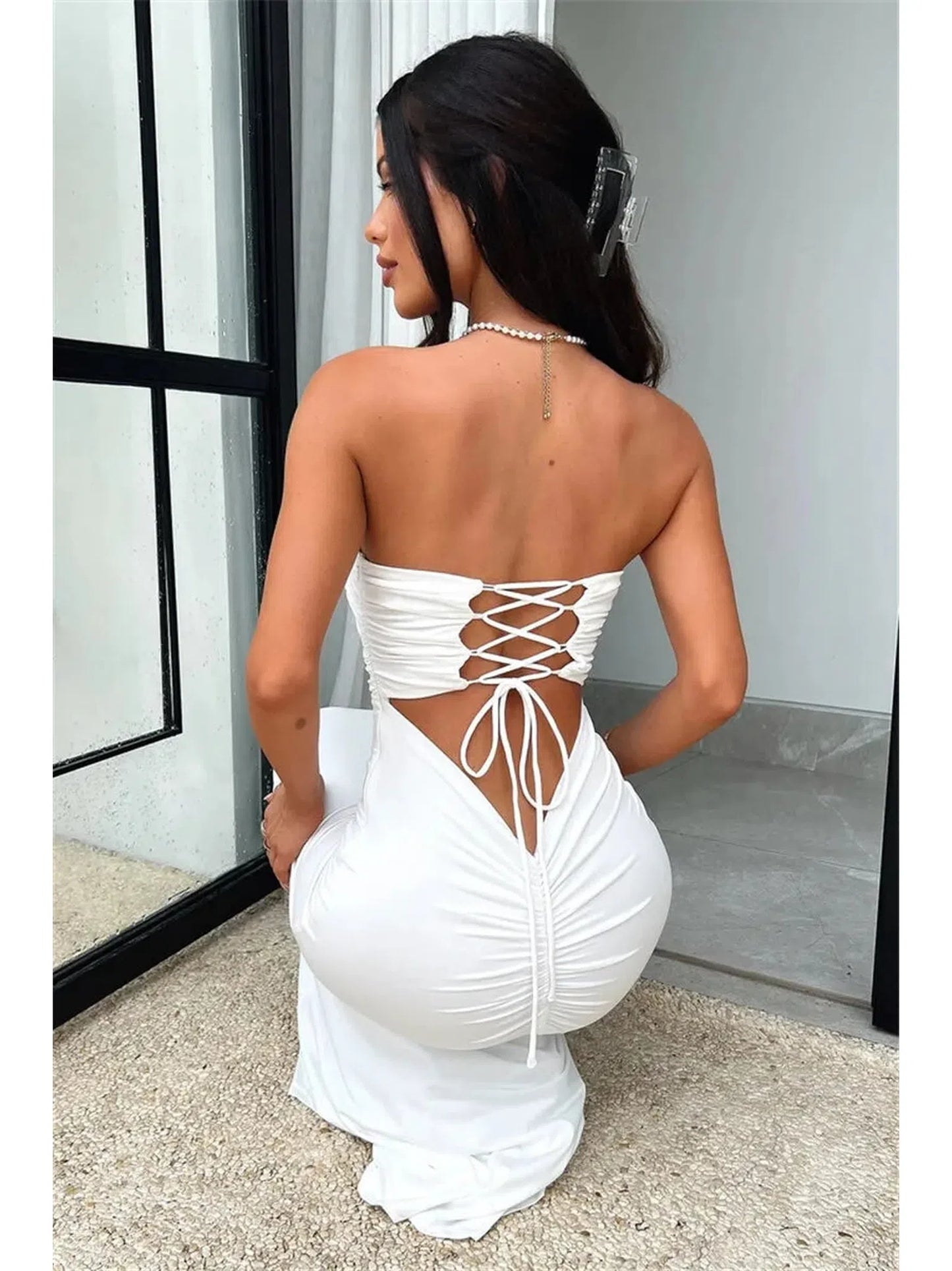 Strapless Backless Lace-Up Maxi Dress for Women