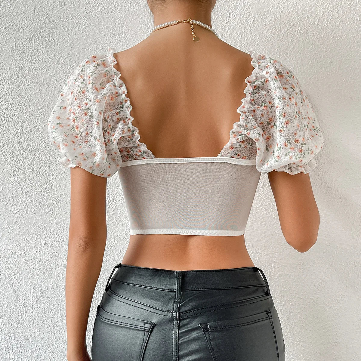 Lace Embroidery Backless Puff Sleeve Crop Top