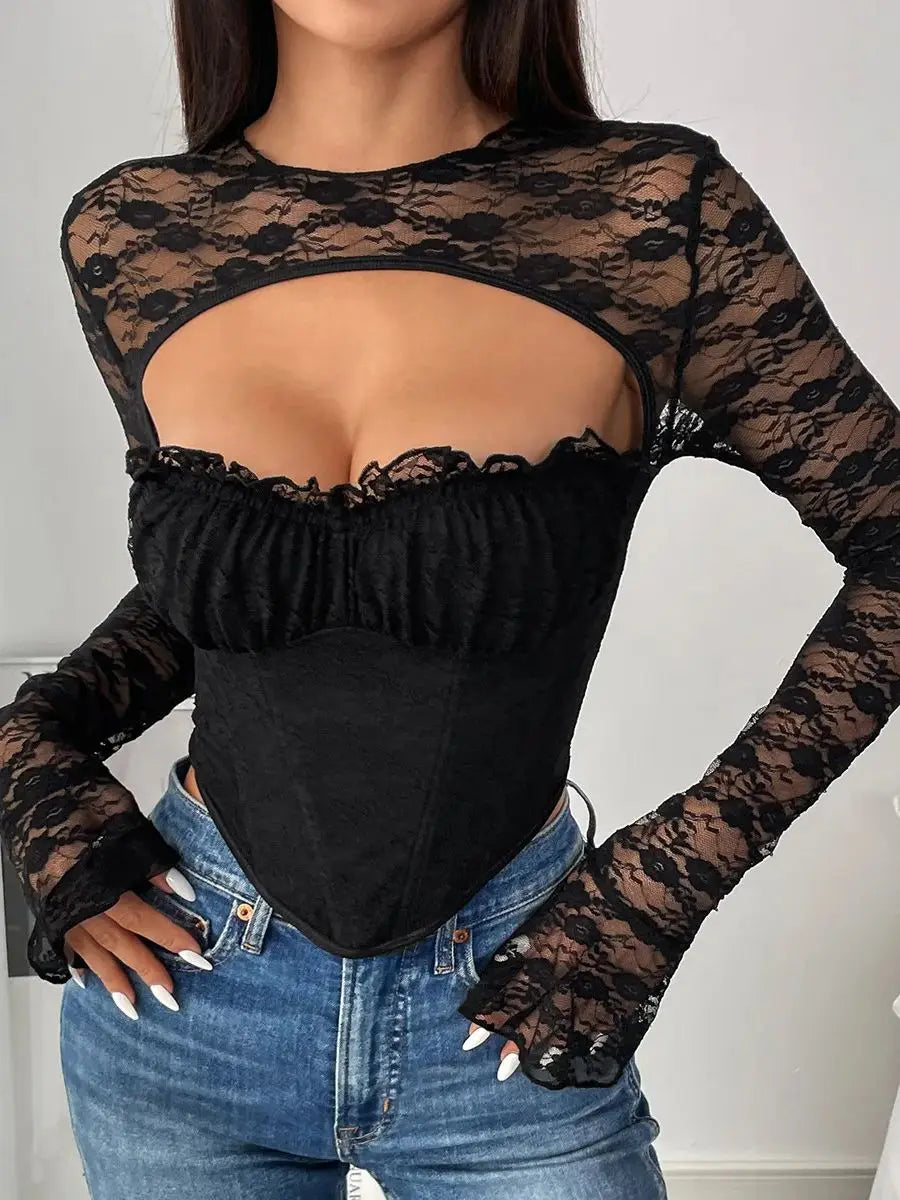 Sexy Lace-Panel Long Sleeve T-Shirt Top