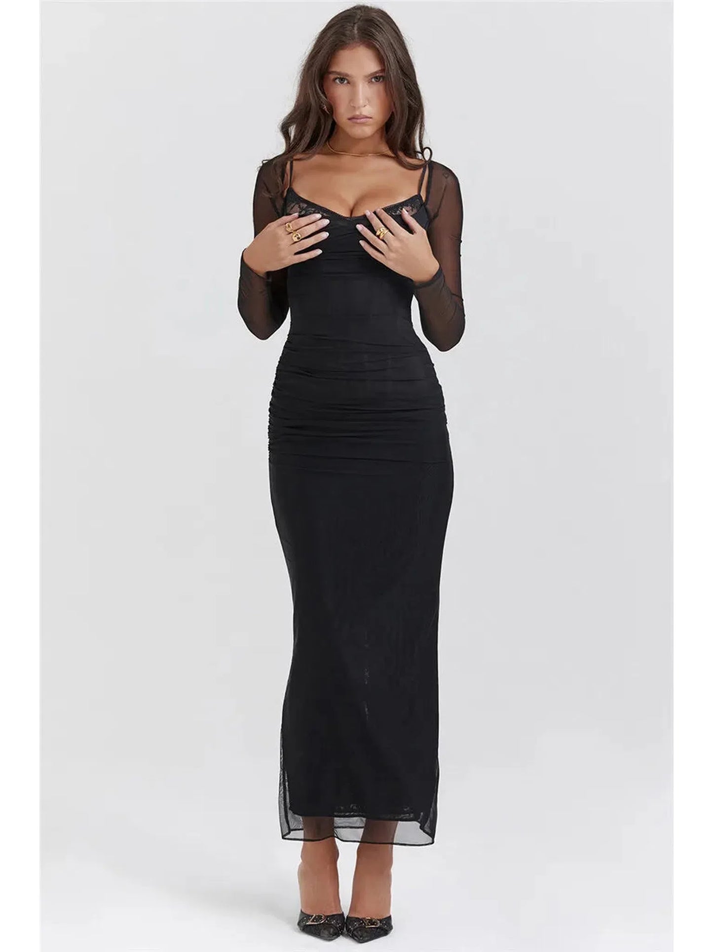 Elegant Sheer Long Sleeve Bodycon Maxi Dress