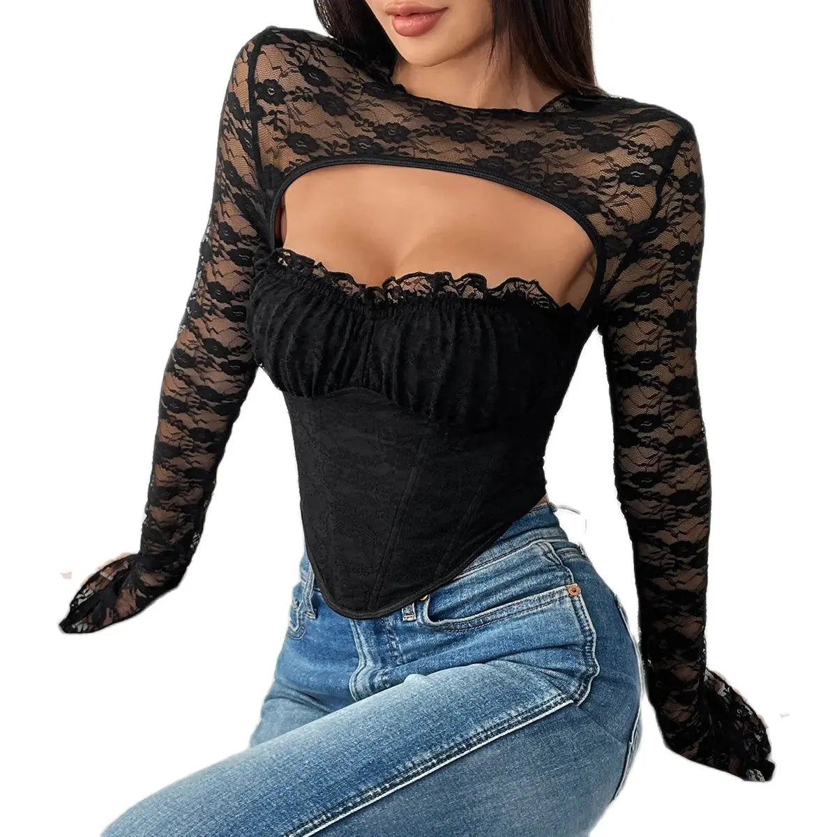 Sexy Lace-Panel Long Sleeve T-Shirt Top