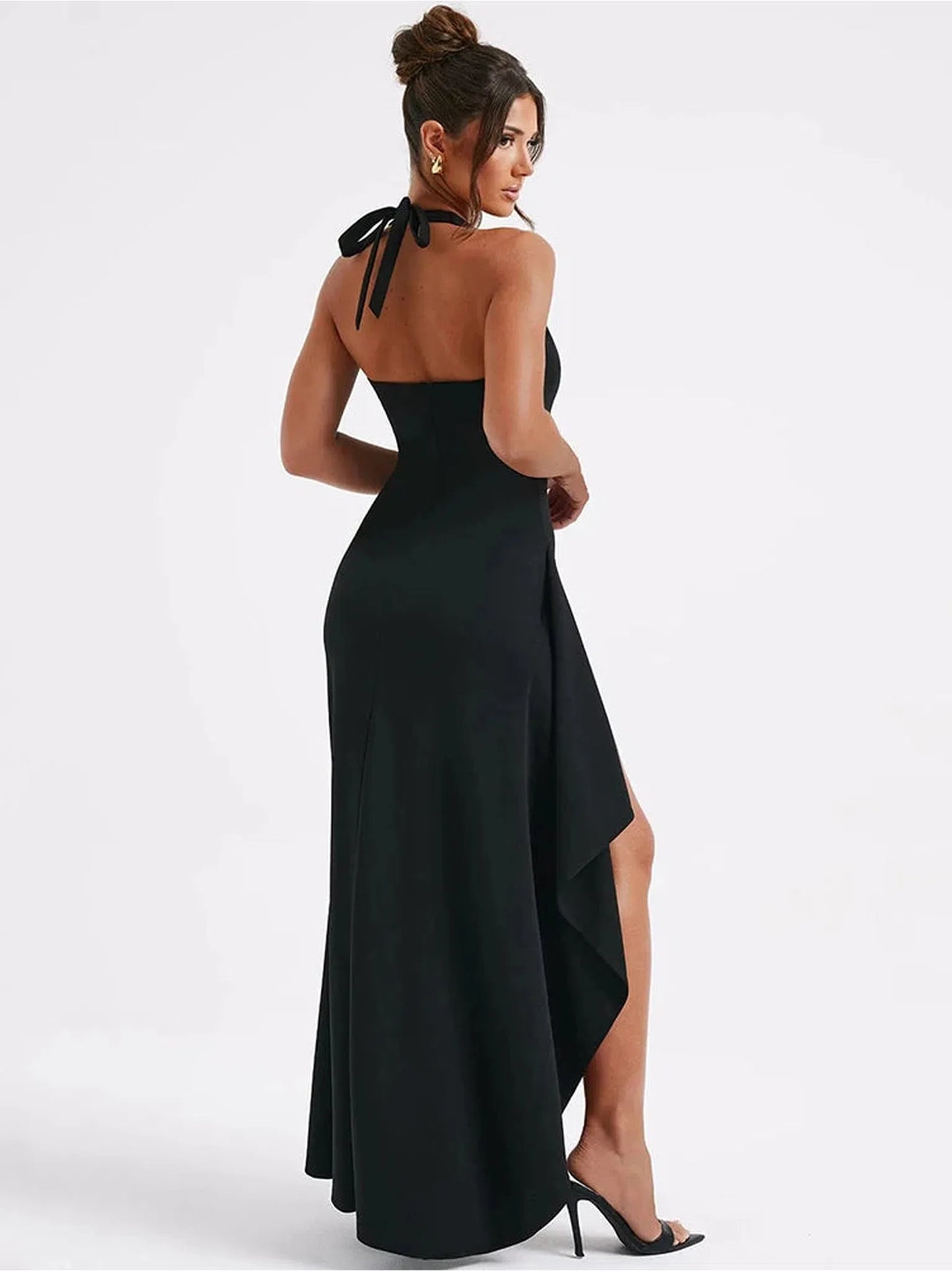 Deep V Neck Thigh High Split Maxi Dress Women Halter Backless