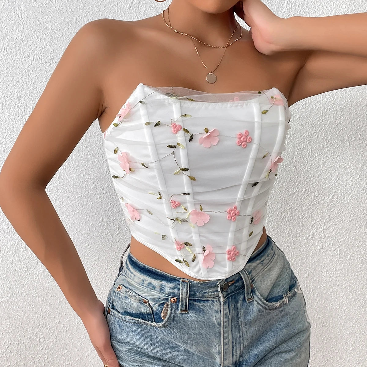 Lace Floral Embroidery Strapless Crop Top