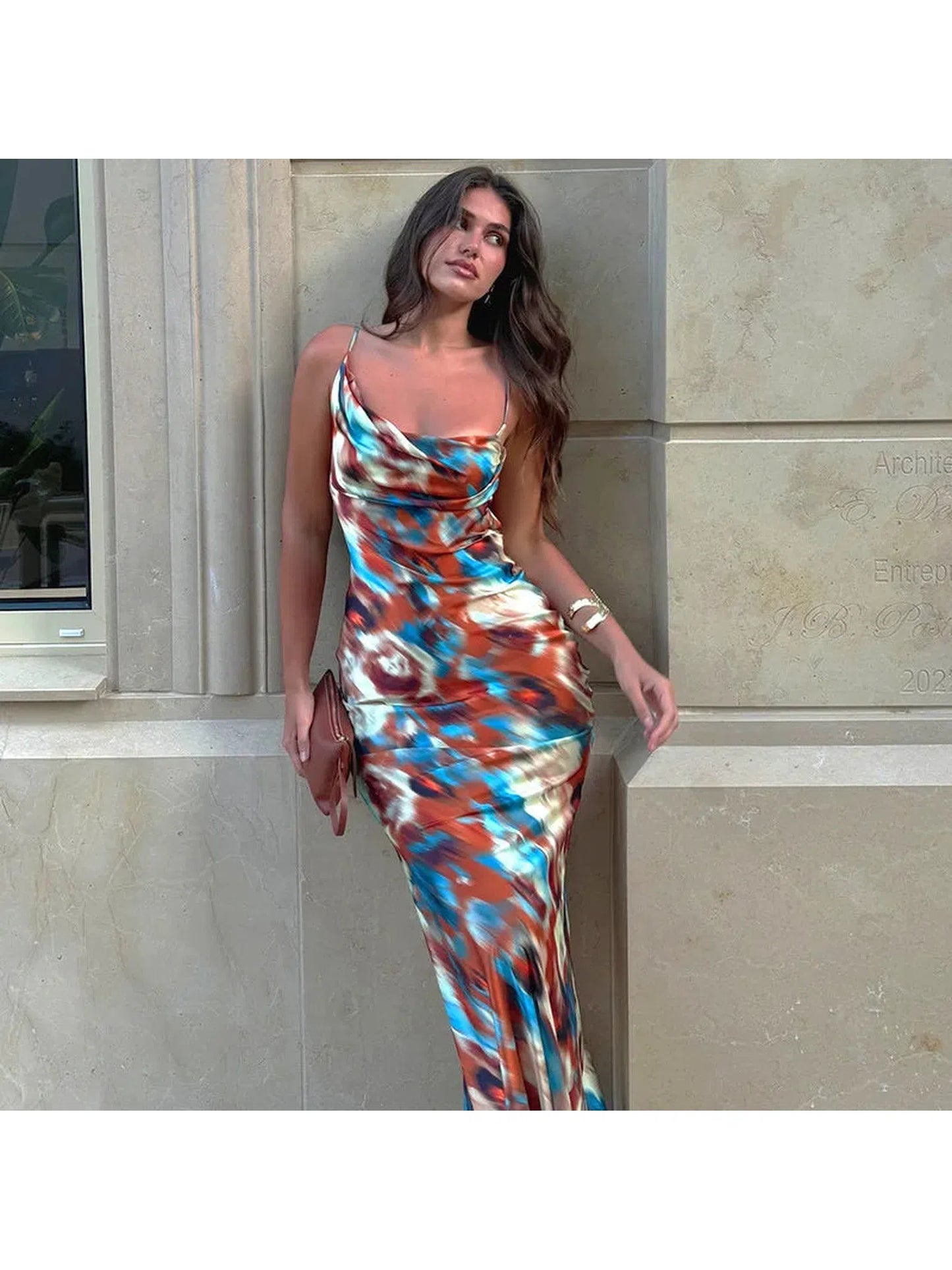 Spaghetti Strap Print Backless Maxi Dress For Women