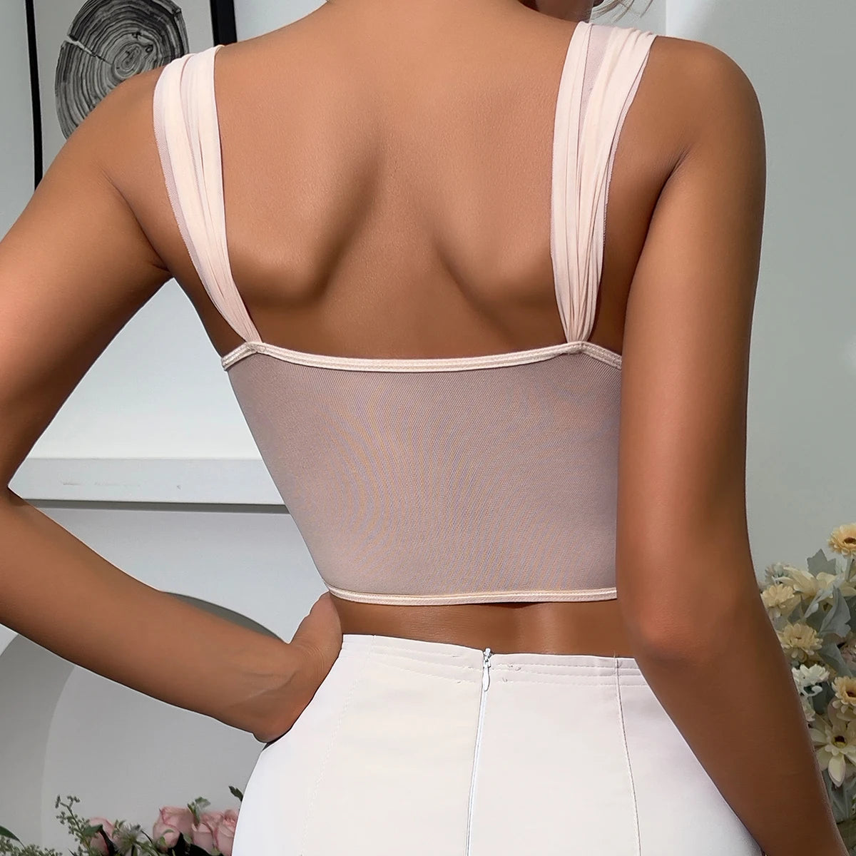 Sheer Lace Backless Crop Top with Embroidery Details