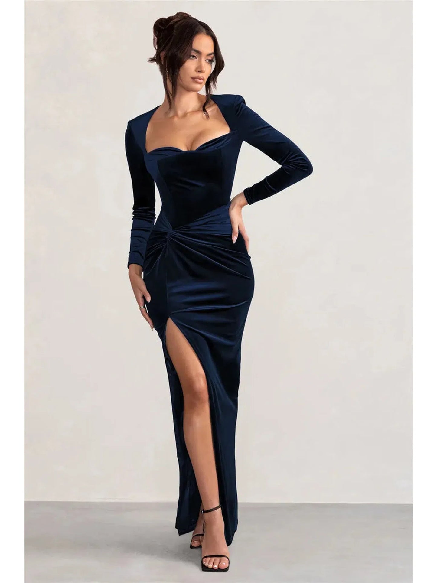 Square Collar Long Sleeve Velvet Maxi Dress