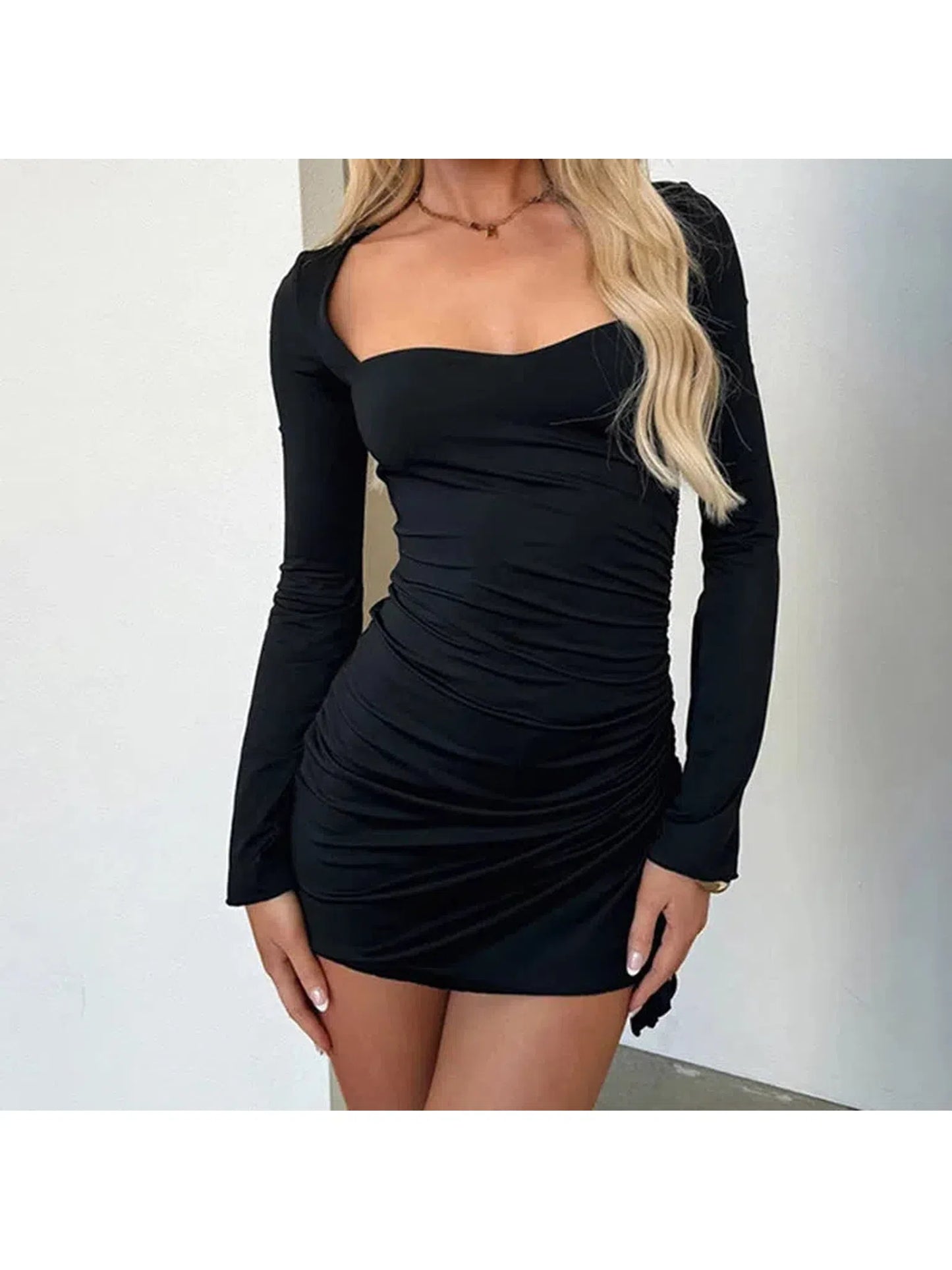 Women's Mini Dress, Long Sleeve, Side Drawstring, Clubwear