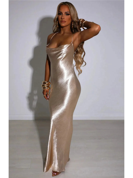 Elegant Satin Backless Maxi Dress for Summer Night Out