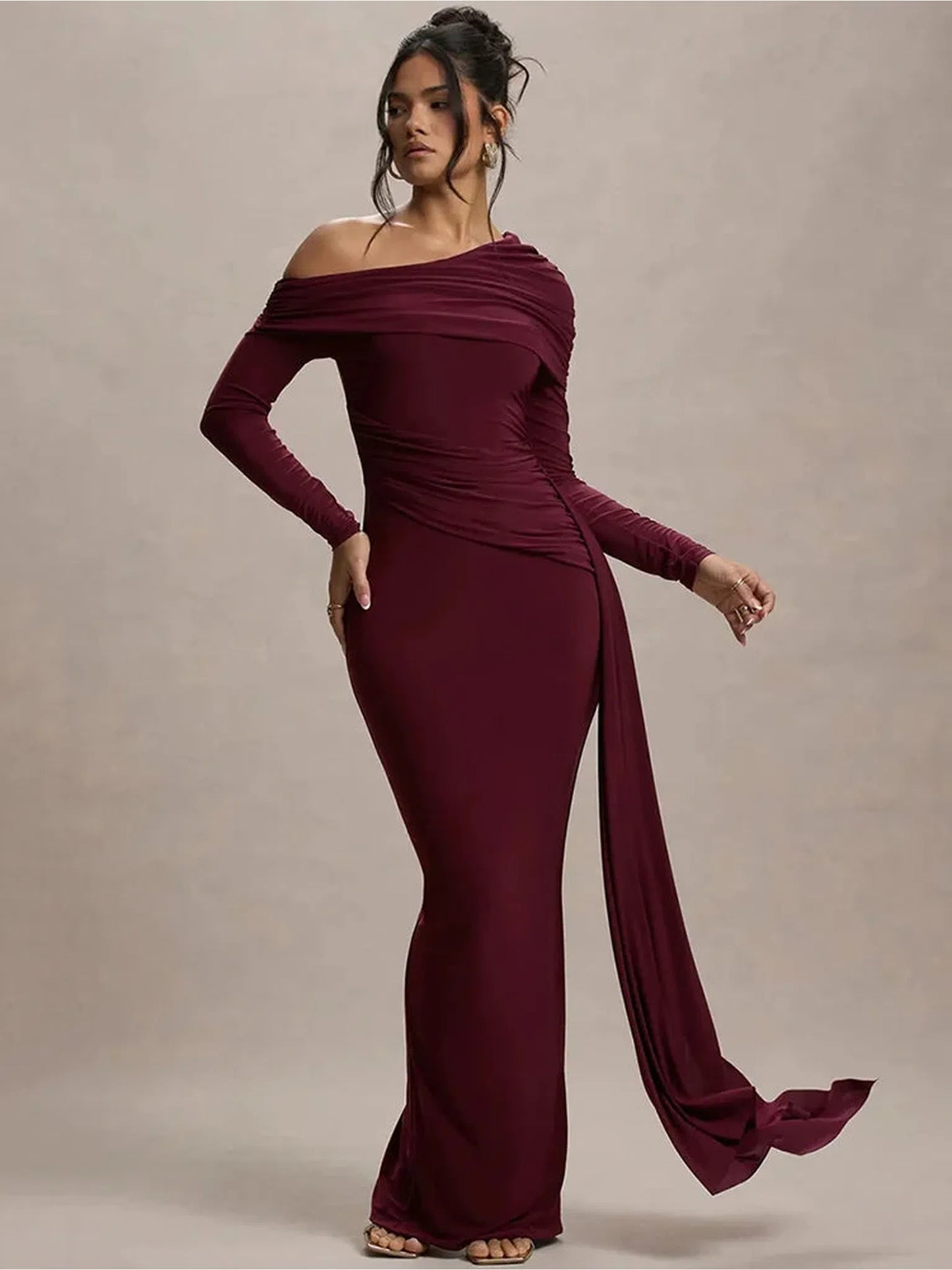 Skew Collar Long Sleeve Sexy Maxi Dress For Women