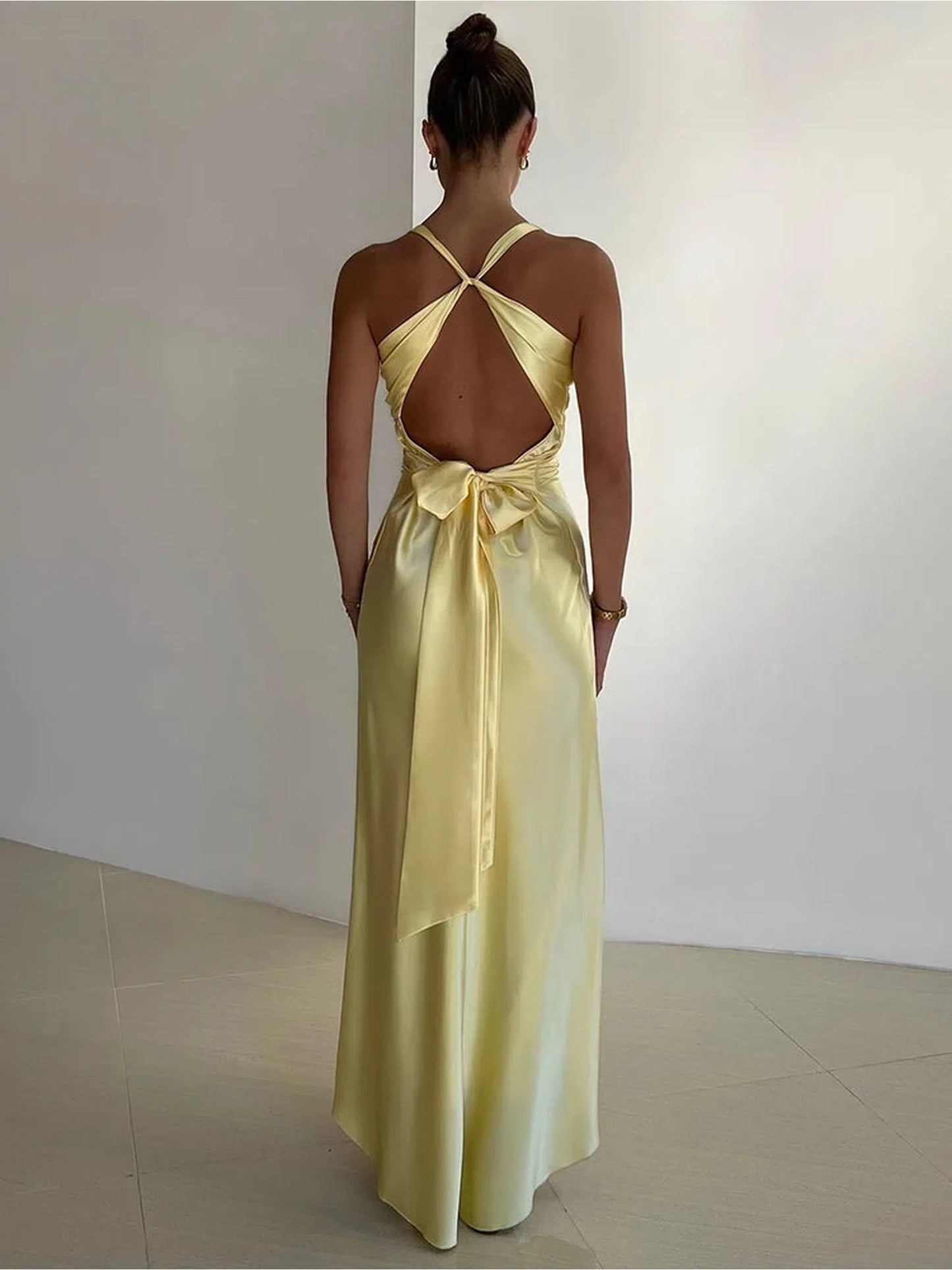 Satin Bow Backless Maxi Dress For Women Elegant Gown