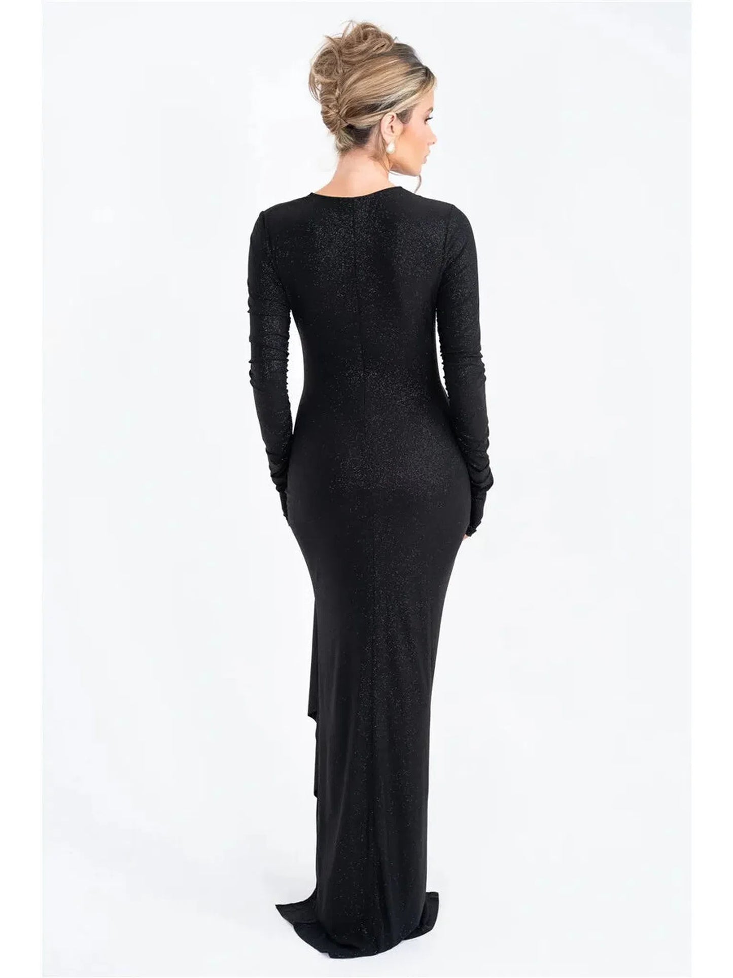 Sparkle Long Sleeve Ruched Maxi Dress With Thigh High Split