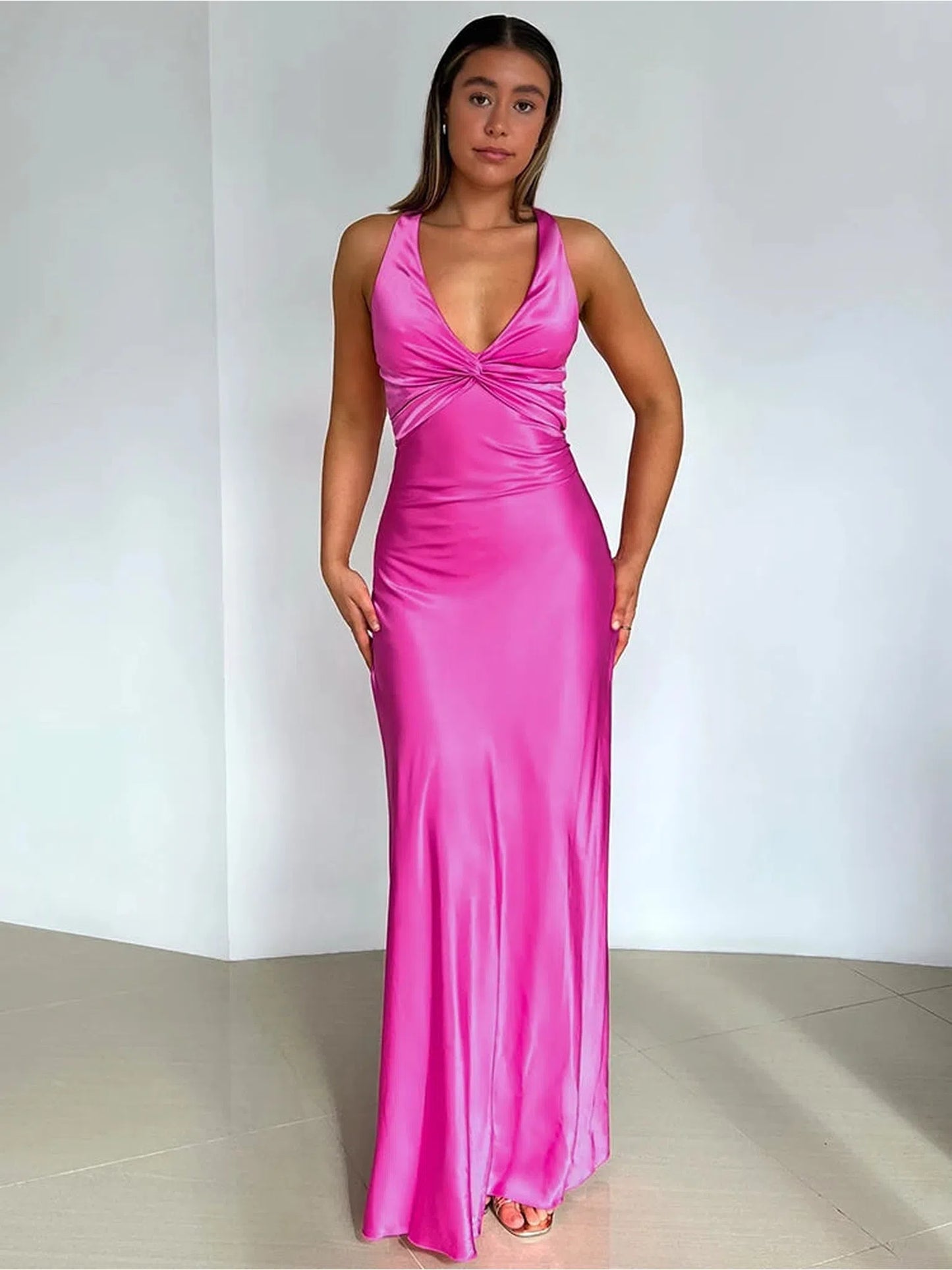 Satin Bow Backless Maxi Dress For Women Elegant Gown