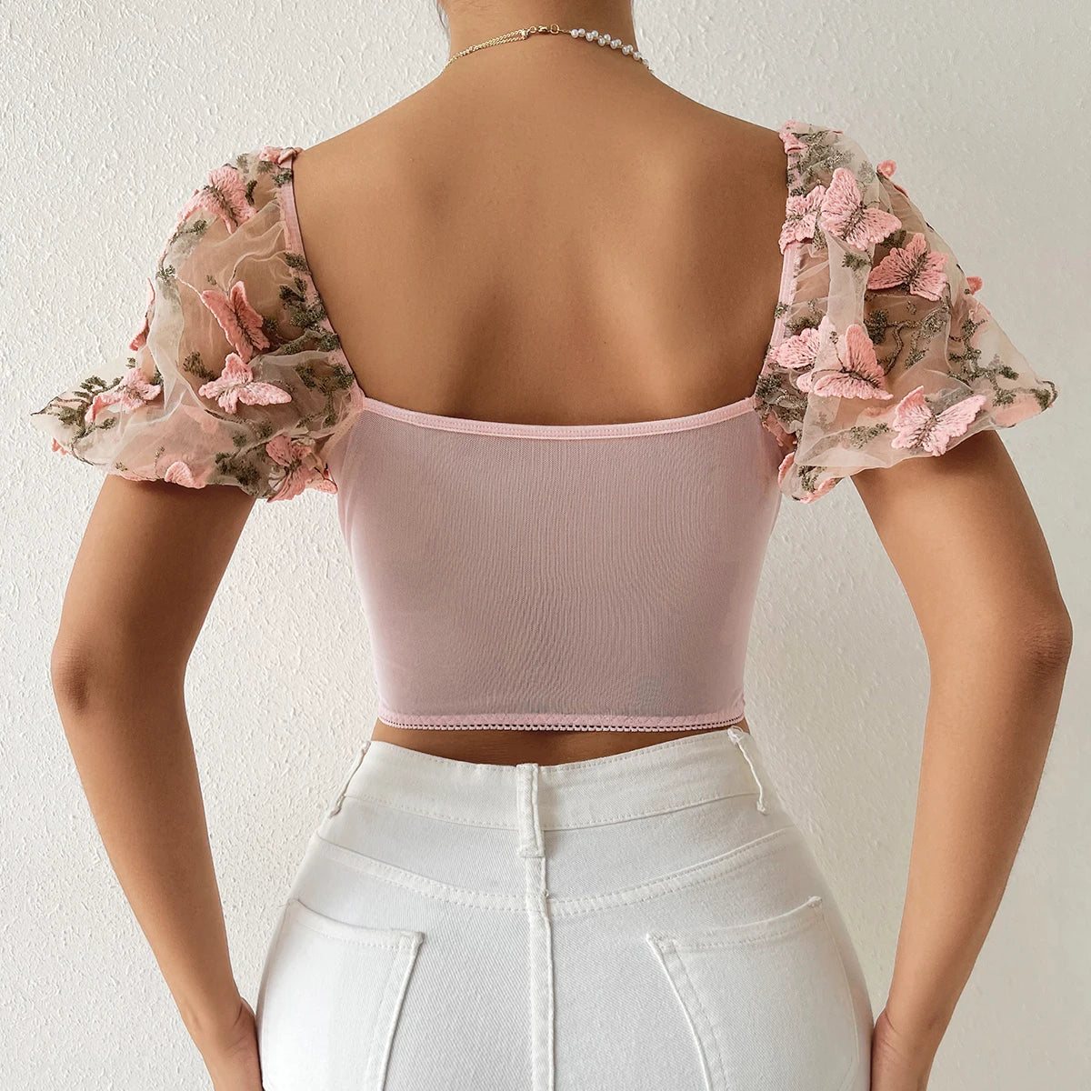 Sexy Mesh See-Through Crop Top with Butterfly Embroidery