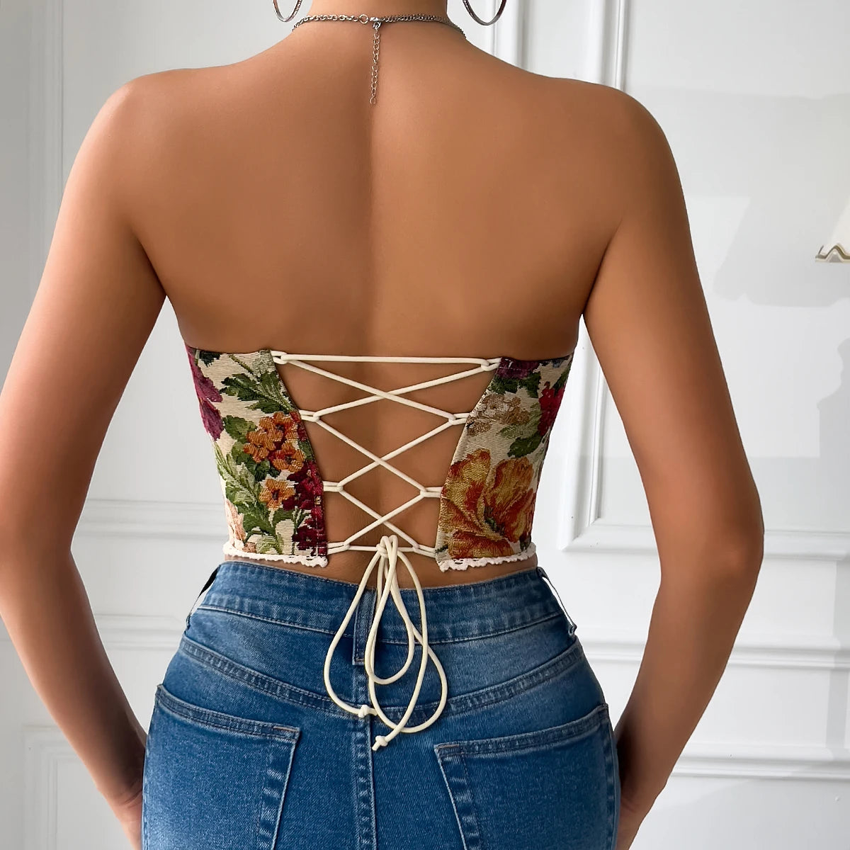 Y2K Retro Floral Lace Backless Crop Top