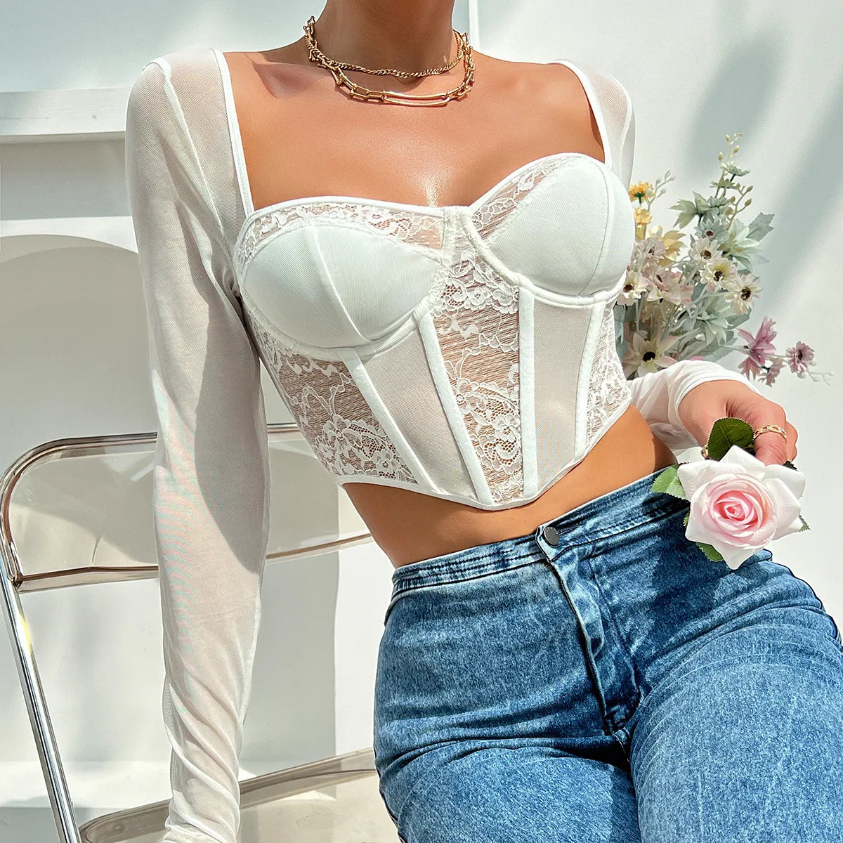 Autumn Chic Sexy V Neck Long Sleeve Mesh Crop Top