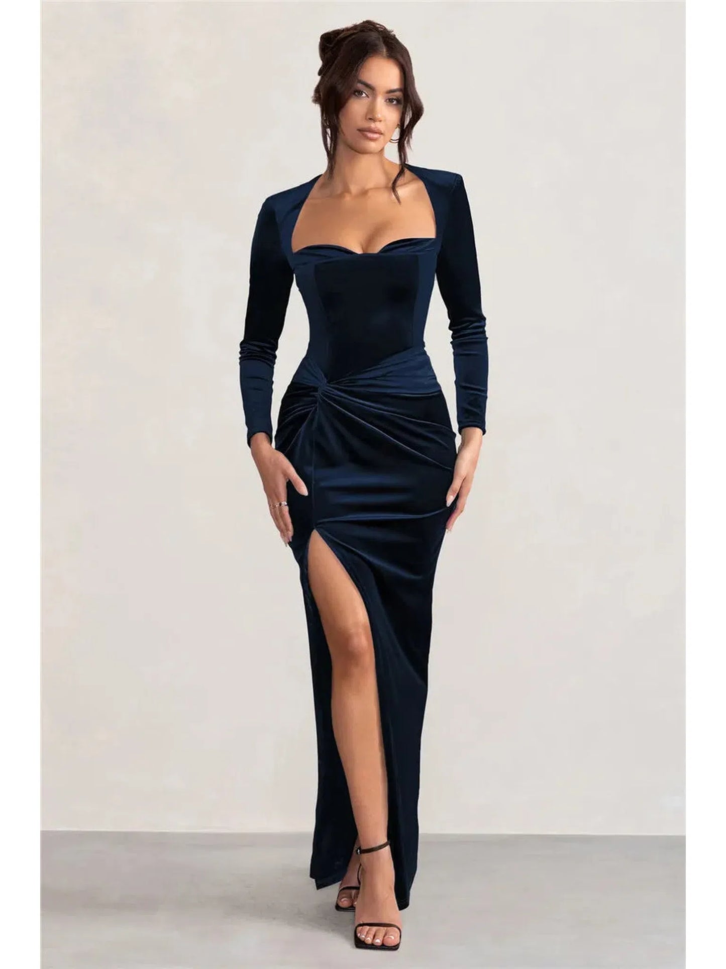 Square Collar Long Sleeve Velvet Maxi Dress