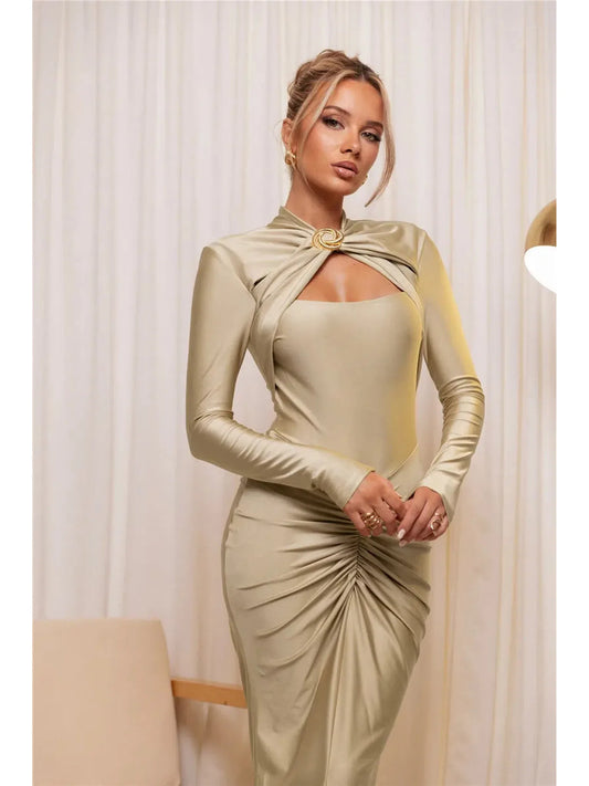 Hollow Out Long Sleeve Sexy Maxi Dress With Slit